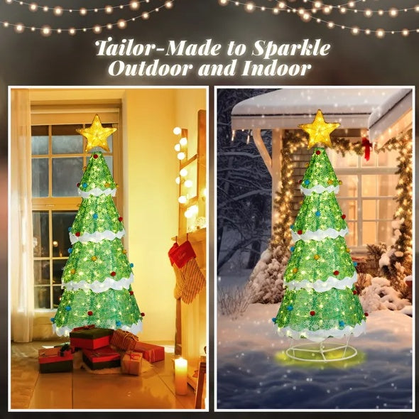 6FT Foldable Weather-Resistant Pre Lit LED Christmas Tree With Xmas ornaments for Indoor and Outdoor Decor