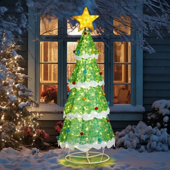 6FT Foldable Weather-Resistant Pre Lit LED Christmas Tree With Xmas ornaments for Indoor and Outdoor Decor