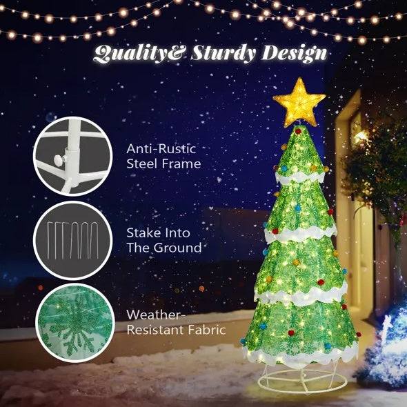 6FT Foldable Weather-Resistant Pre Lit LED Christmas Tree With Xmas ornaments for Indoor and Outdoor Decor