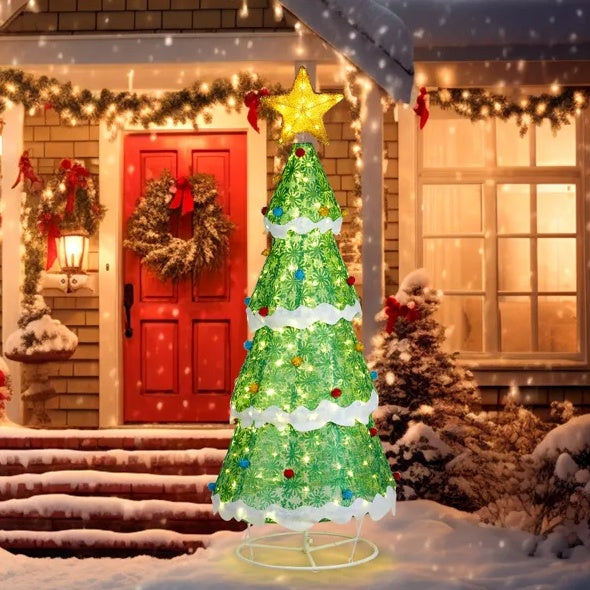 6FT Foldable Weather-Resistant Pre Lit LED Christmas Tree With Xmas ornaments for Indoor and Outdoor Decor