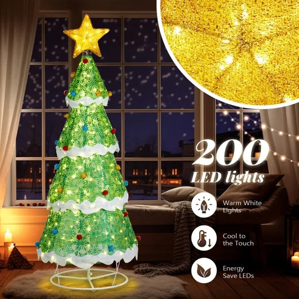 6FT Foldable Weather-Resistant Pre Lit LED Christmas Tree With Xmas ornaments for Indoor and Outdoor Decor